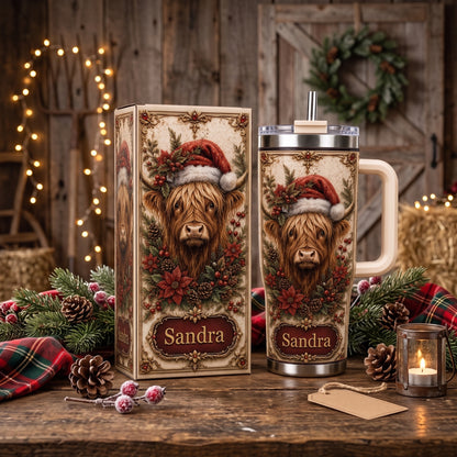 Personalized Christmas Highland Cow Tumbler with Name