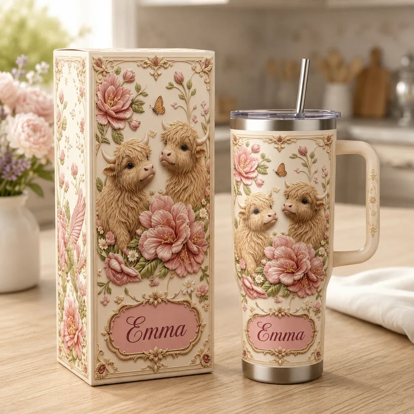 🌺✨ Personalized Highland Cow & Pink Floral Tumbler