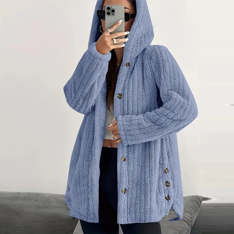 Women’s Lightweight Plush Hooded Jacket, Warm Mid-Length Teddy Bear Cardigan 🧥