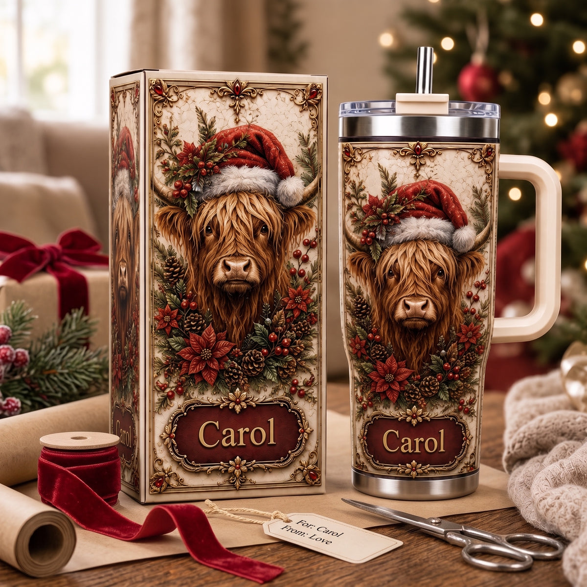 Personalized Christmas Highland Cow Tumbler with Name