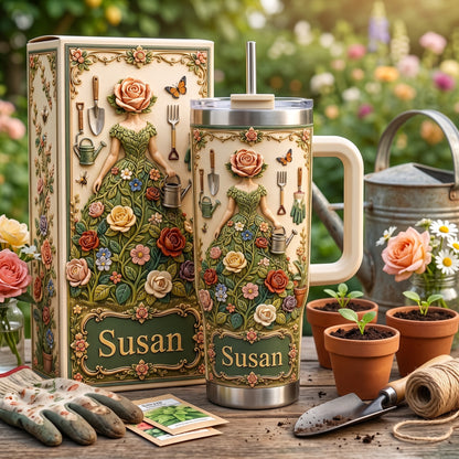 Personalized Garden Goddess Tumbler with Name, Floral Gardening Travel Cup for Women