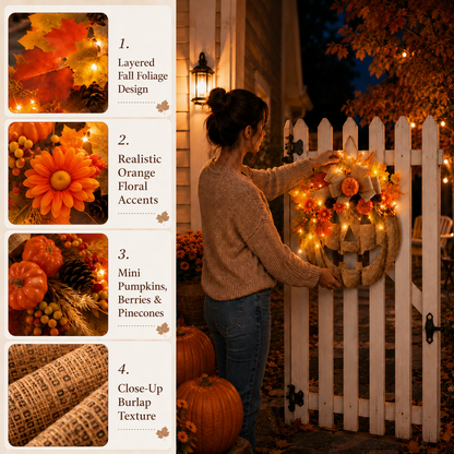 🎃✨ Lighted Burlap Pumpkin Wreath