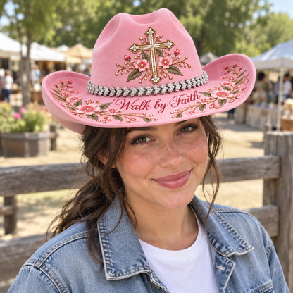 Walk by Faith 🌸 Women’s Pink Floral Cross Cowboy Hat