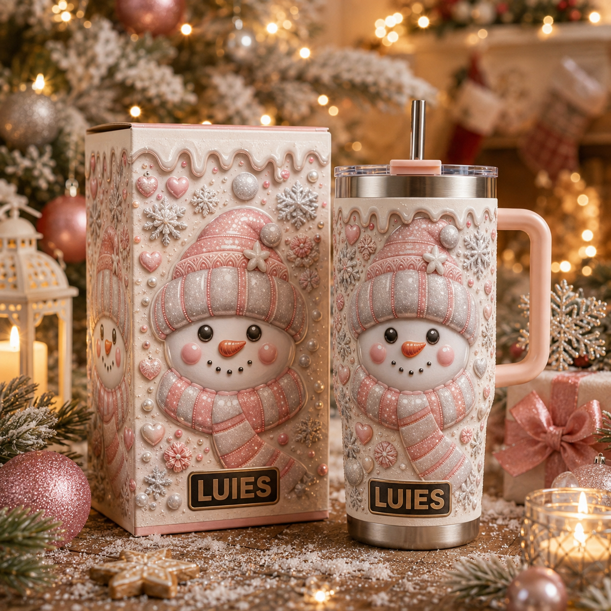 ⛄ Personalized Pink Snowman Tumbler – Sweet Winter Magic in Every Sip