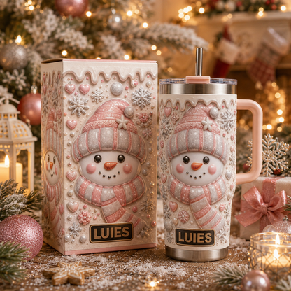 ⛄ Personalized Pink Snowman Tumbler – Sweet Winter Magic in Every Sip