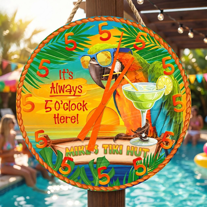 Personalized Handmade Beach Bar Parrot Clock: It's Aways 5 0'clock Here!