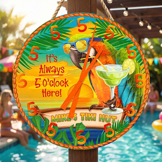 Personalized Handmade Tiki Bar Parrot Clock: It's Aways 5 0'clock Here!