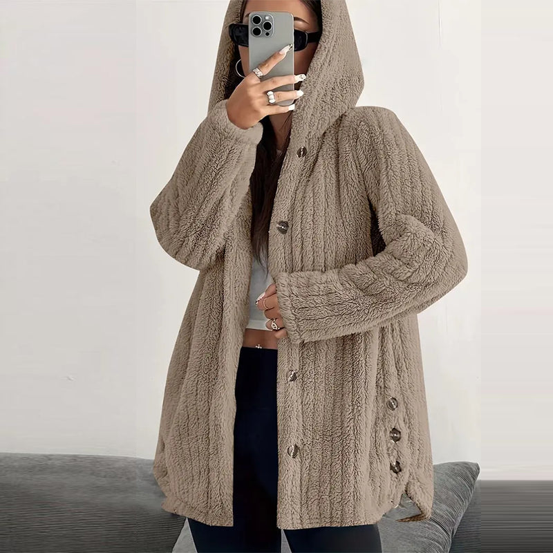 Women’s Lightweight Plush Hooded Jacket, Warm Mid-Length Teddy Bear Cardigan 🧥