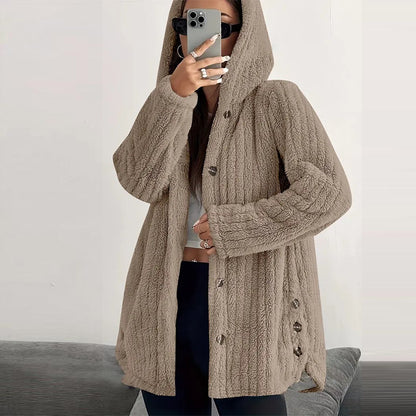 Women’s Lightweight Plush Hooded Jacket, Warm Mid-Length Teddy Bear Cardigan 🧥