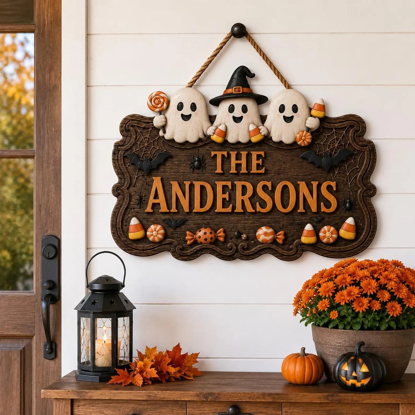 Personalized Halloween Family Sign – Cute Ghost Welcome Decor