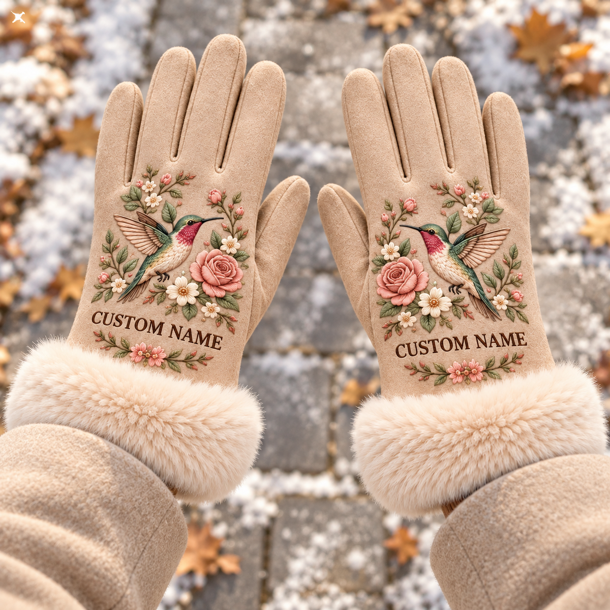 🦋 Personalized Floral Winter Gloves – Custom Name & Cozy Plush Cuffs