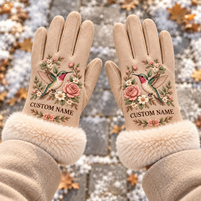 🦋 Personalized Floral Winter Gloves – Custom Name & Cozy Plush Cuffs