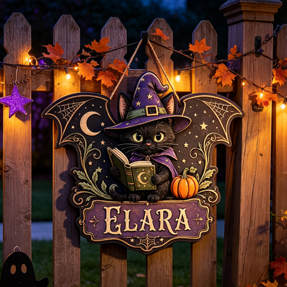 Custom Witch Cat Halloween Door Hanger with Name