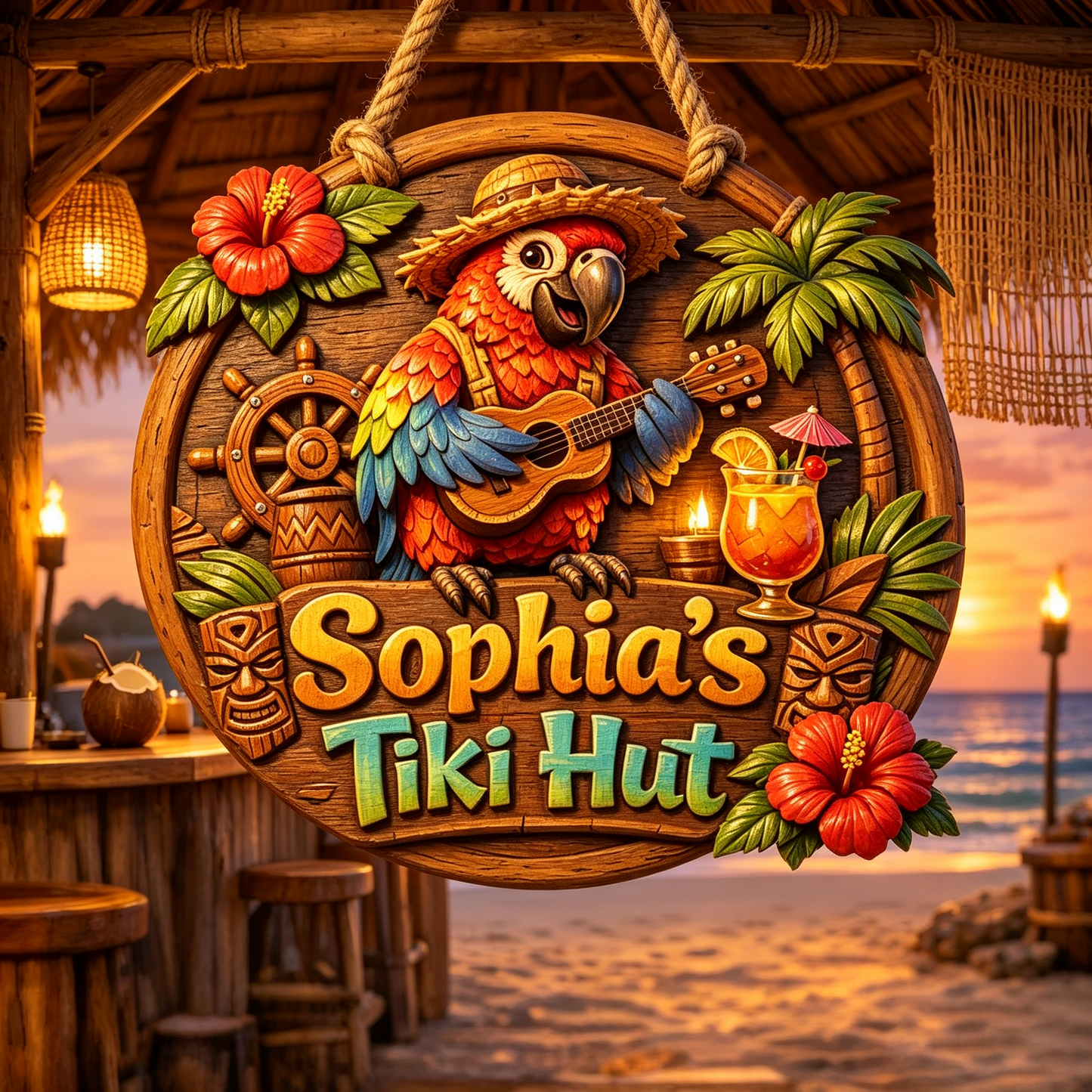 Custom Tiki Bar Tropical Parrot Door Sign, Beach House Welcome Sign