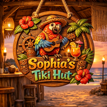 Custom Tiki Bar Tropical Parrot Door Sign, Beach House Welcome Sign