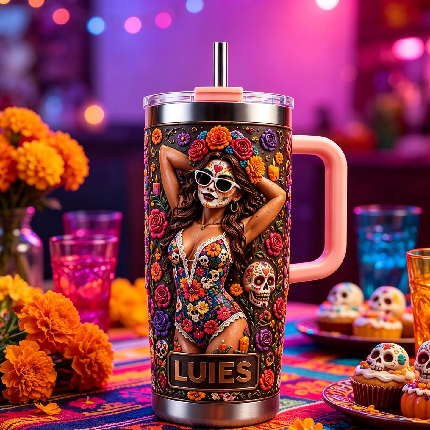 💀Personalized Sugar Skull Sex Women 40oz Handle Tumbler💀🌺