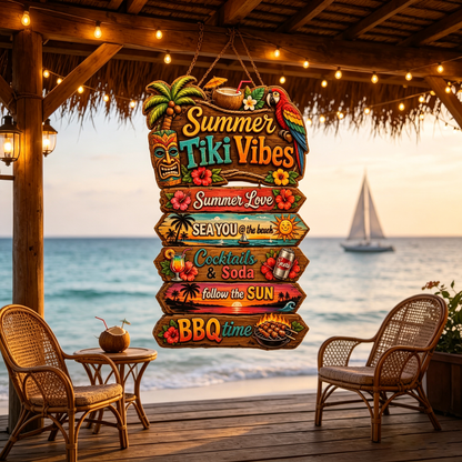 Summer Tiki Vibes Directional Sign Tropical Beach Party Wooden Decor