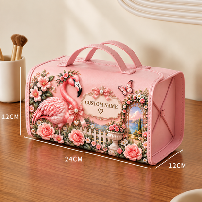 🌸 Personalized Pink Garden Animals Makeup Organizer Bag with Large Capacity Compartments
