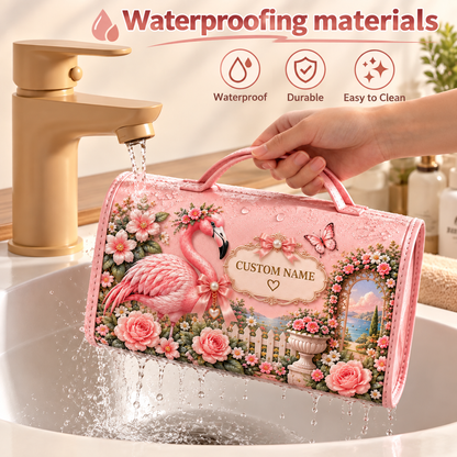 🌸 Personalized Pink Garden Animals Makeup Organizer Bag with Large Capacity Compartments