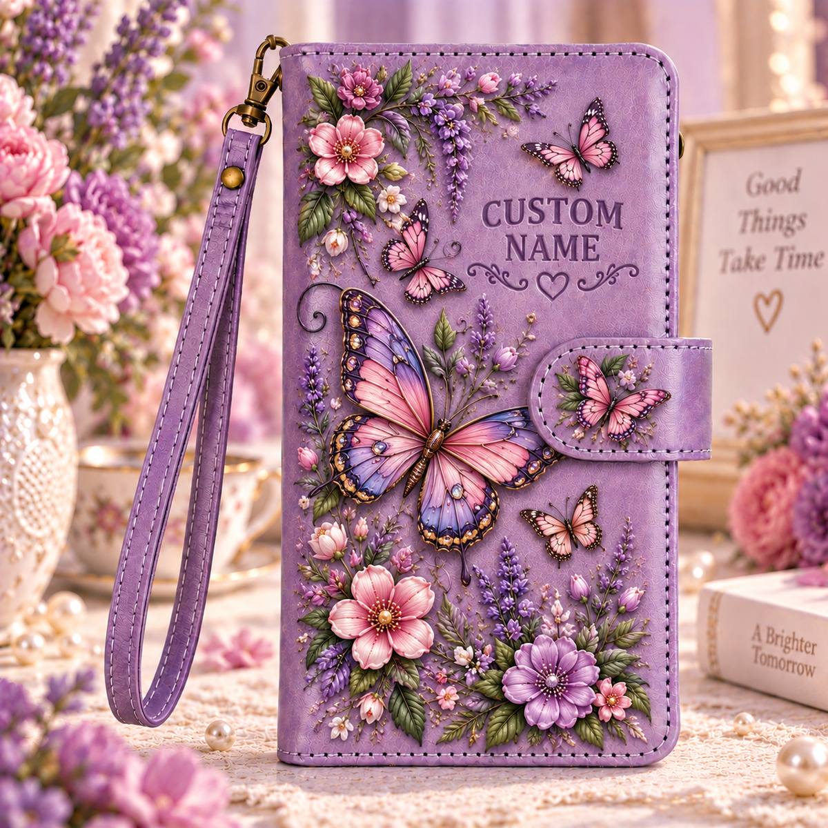 🌸 Personalized Purple Garden&Animal Wallet Phone Case