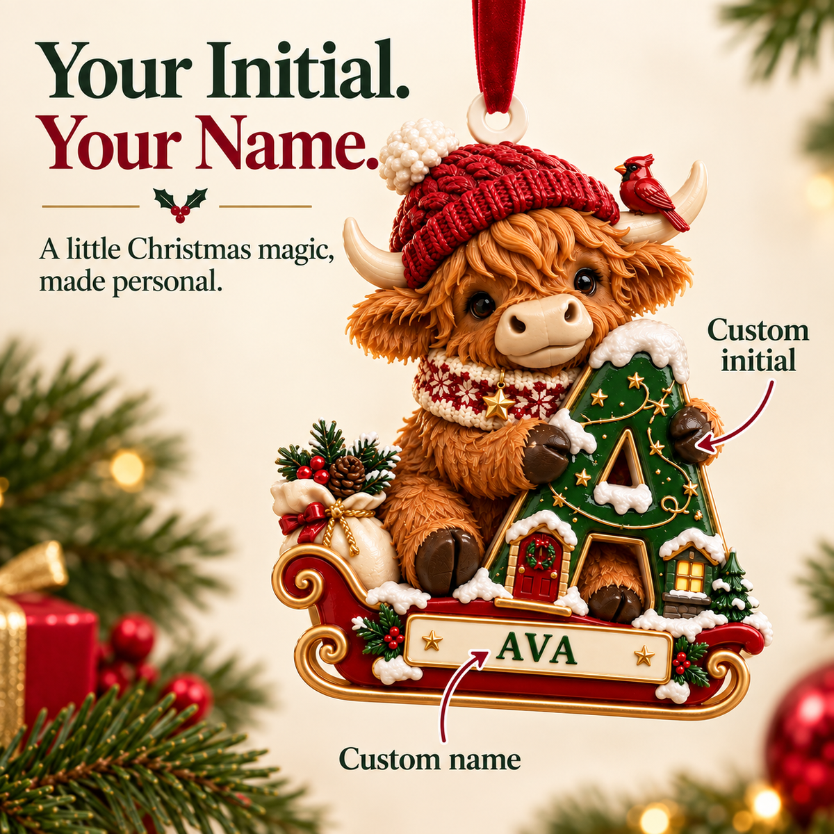 🐮 Personalized Highland Cow "Cozy Sleigh" Ornament | Custom Initial & Name Christmas Keepsake