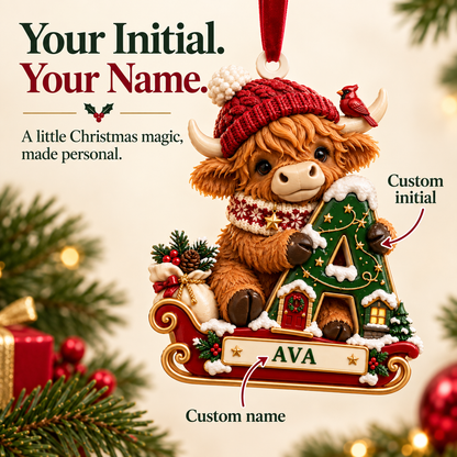 🐮 Personalized Highland Cow "Cozy Sleigh" Ornament | Custom Initial & Name Christmas Keepsake