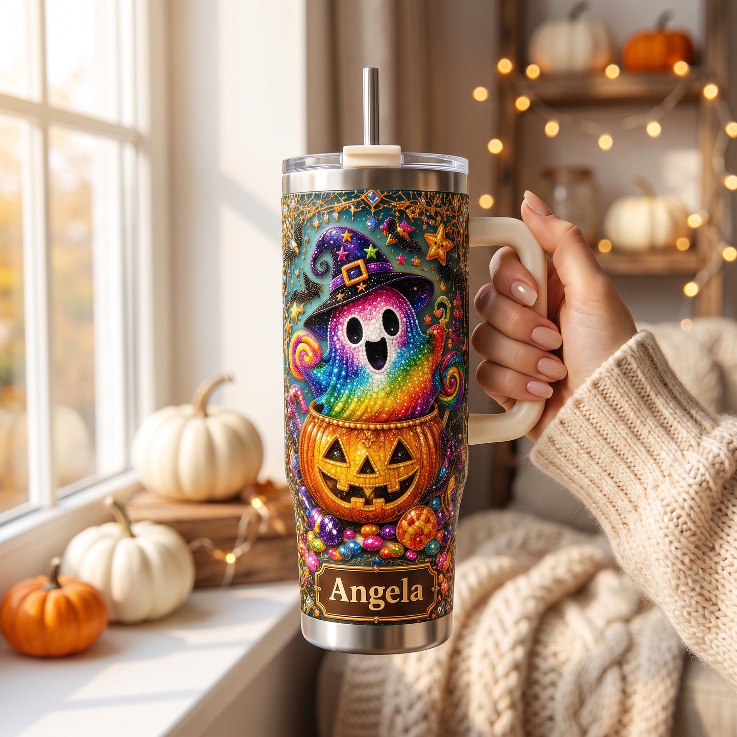 Personalized Rainbow Ghost Halloween Tumbler
