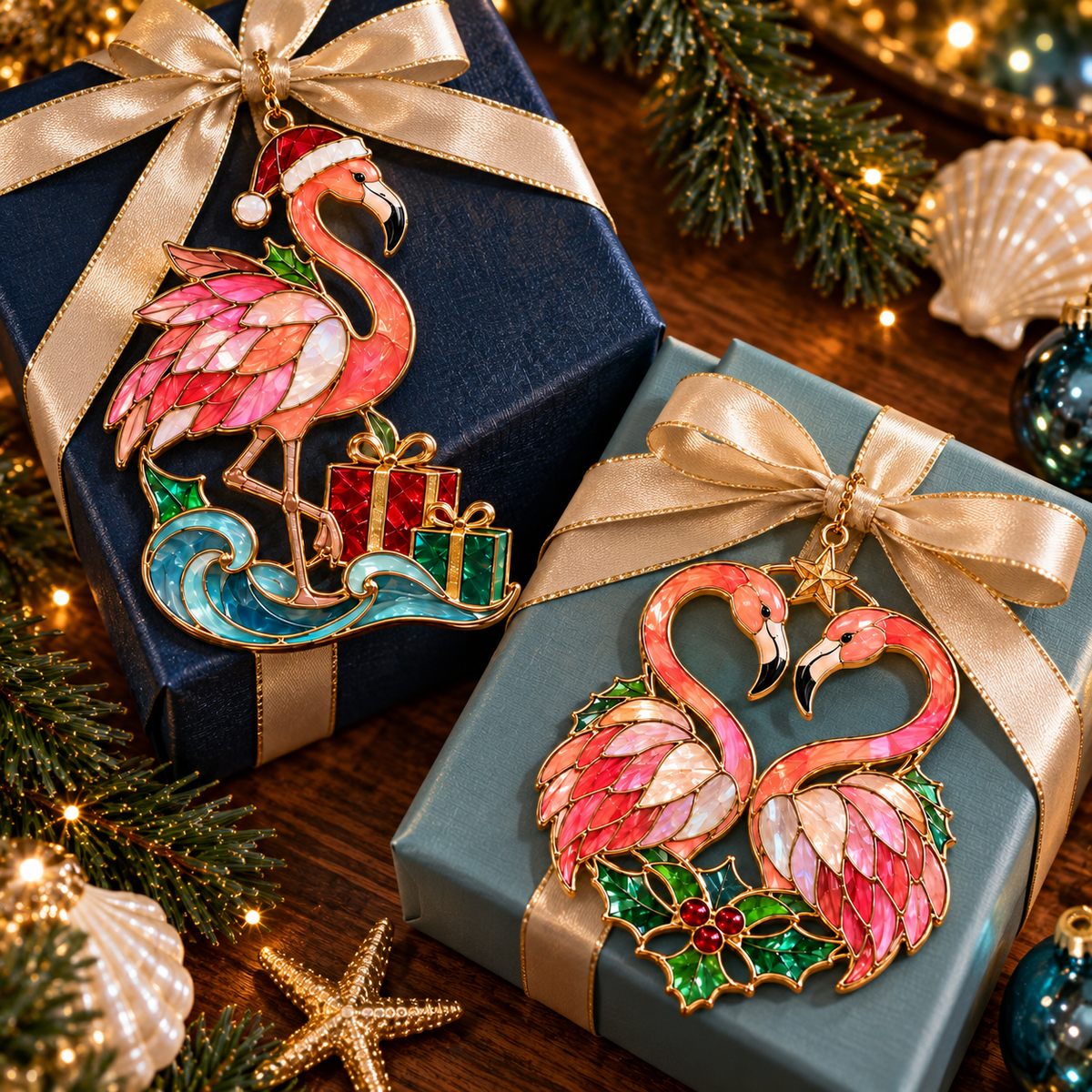 🦩 Coastal Christmas Flamingo Ornaments – Vintage Stained-Glass Style🎄