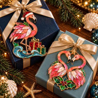🦩 Coastal Christmas Flamingo Ornaments – Vintage Stained-Glass Style🎄