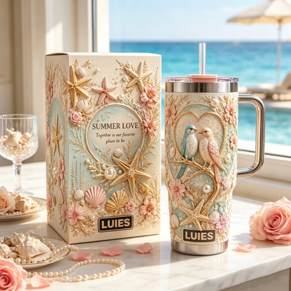 💕 Personalized Summer Beach Love Birds Tumbler – Romantic Coastal Style for Every Sip