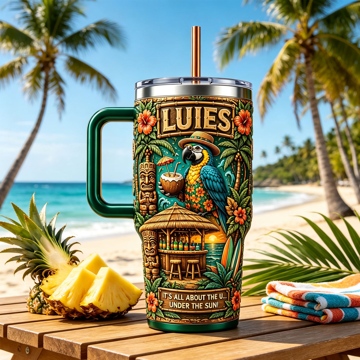 🏖️Personalized Hawaii Summer Life Tropical Parrot Beach 40oz Handle Tumbler🌴🌊