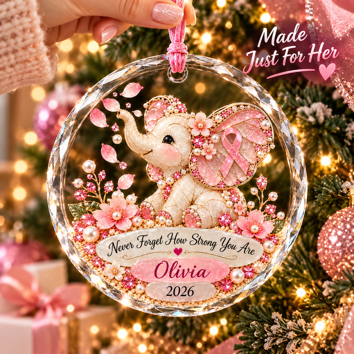 🎀 Personalized Pink Ribbon Animal Ornament