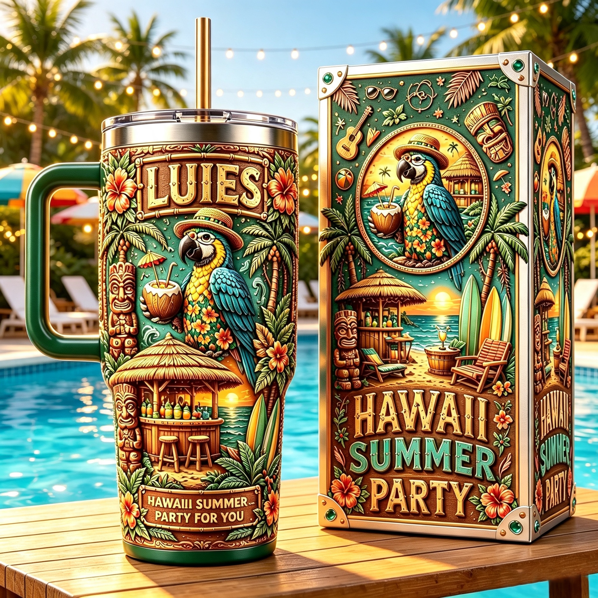 🏖️Personalized Hawaii Summer Life Tropical Parrot Beach 40oz Handle Tumbler🌴🌊
