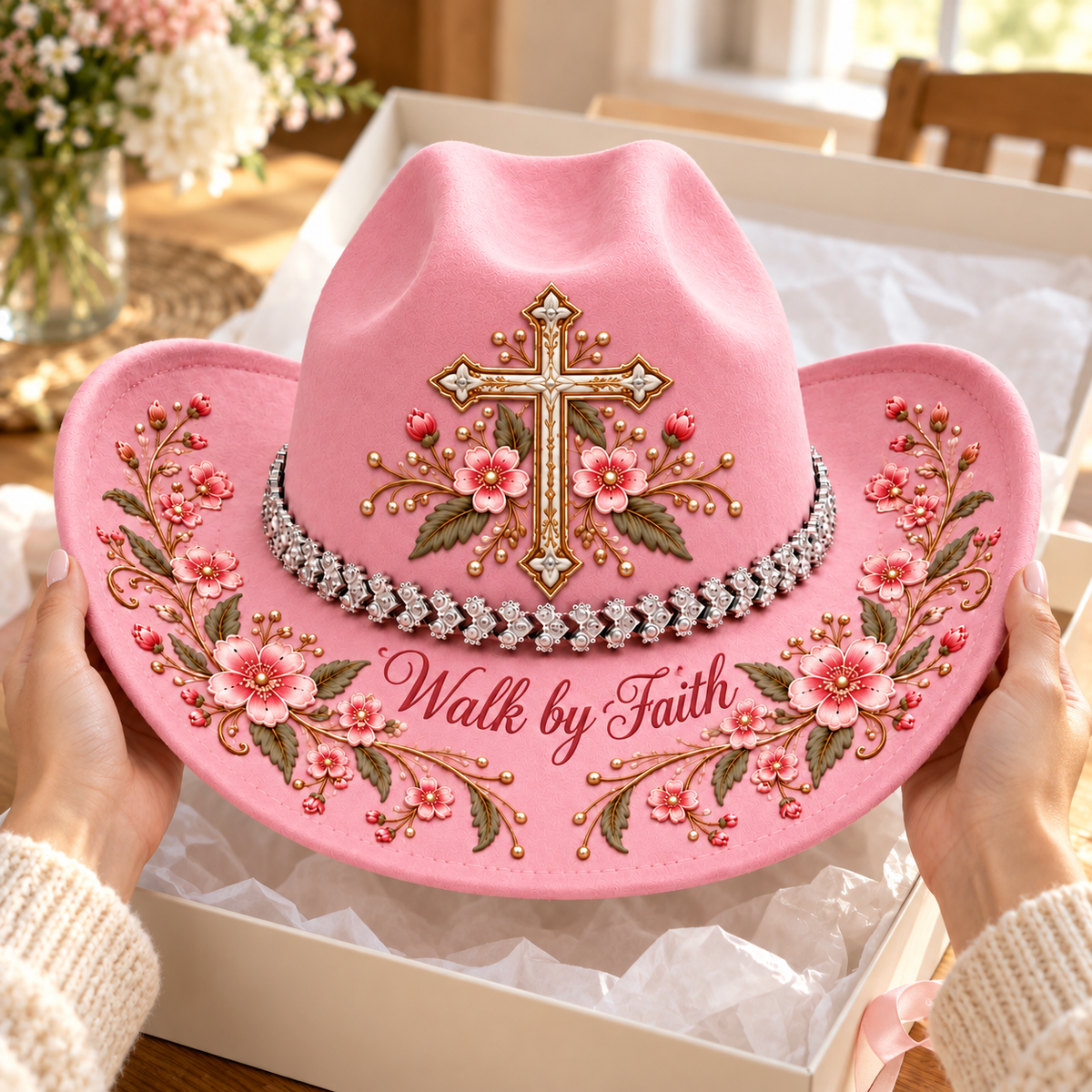 Walk by Faith 🌸 Women’s Pink Floral Cross Cowboy Hat