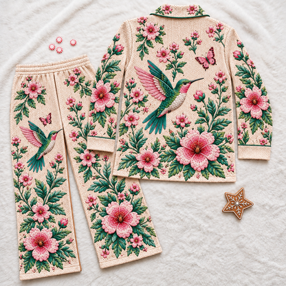Personalized Hummingbird Floral Pajama Set – Custom Name Cozy Button-Up Lounge Set 💗
