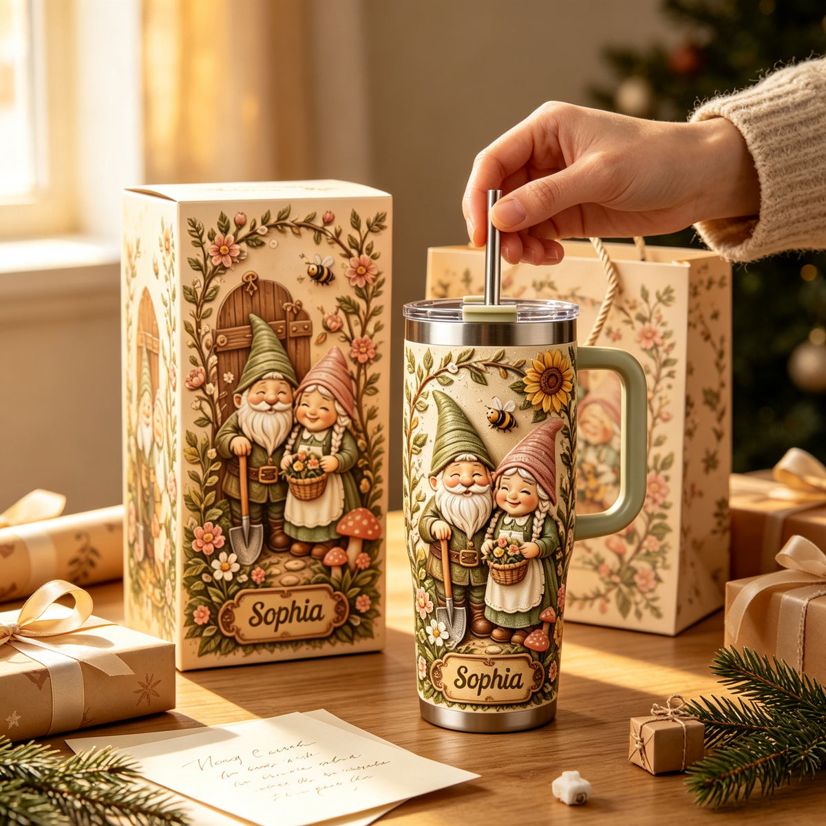🌻 Personalized Garden Gnome Couple Tumbler - A Cheerful Cup Full of Flowers, Sunshine & Garden Charm