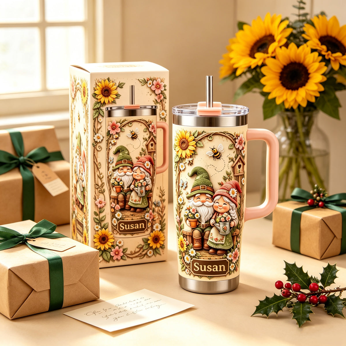 🌻 Personalized Garden Gnome Couple Tumbler - A Cheerful Cup Full of Flowers, Sunshine & Garden Charm
