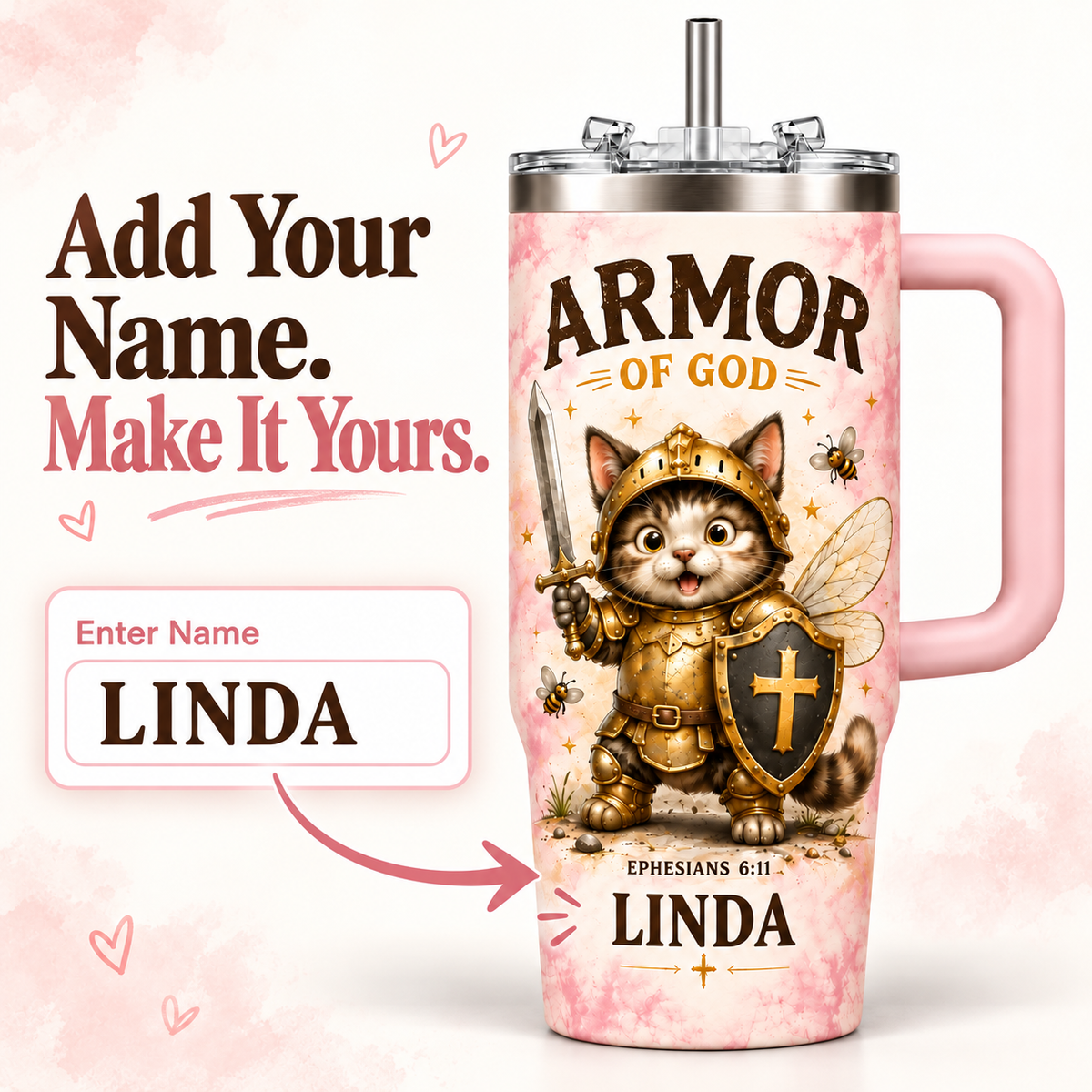 Personalized Armor of God Cat Tumbler – Custom Name Christian Gift