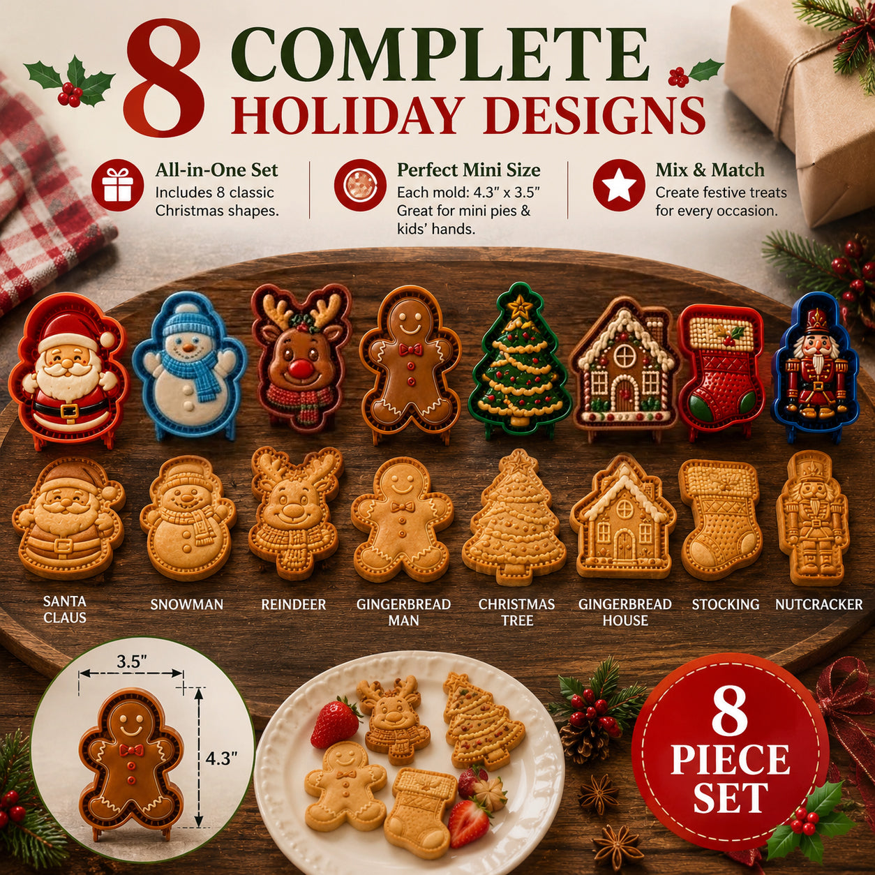 🎄 Christmas Mini Pie Moulds – 8 Festive Embossed Designs