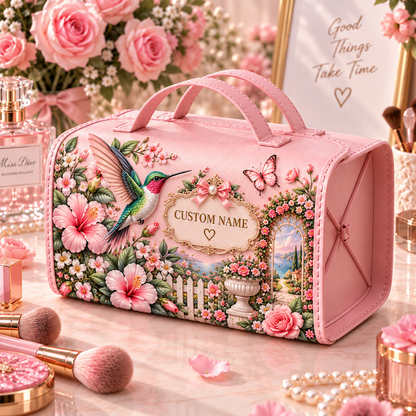 🌸 Personalized Pink Garden Animals Makeup Organizer Bag with Large Capacity Compartments