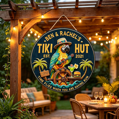 Personalized Tiki Bar Wood Signs: Parrot playing guitar