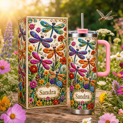 Personalized Dragonfly Tumbler– Custom Name Wildflower Cup for Her
