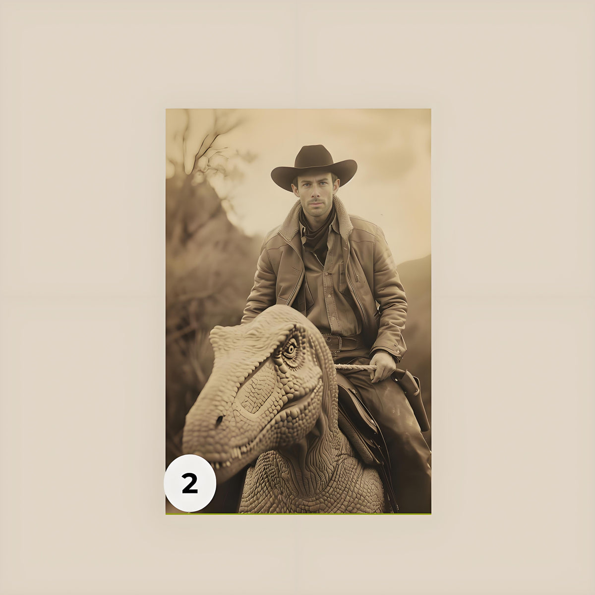 Custom Vintage Portrait: A Western Cowboy Riding a Dinosaur