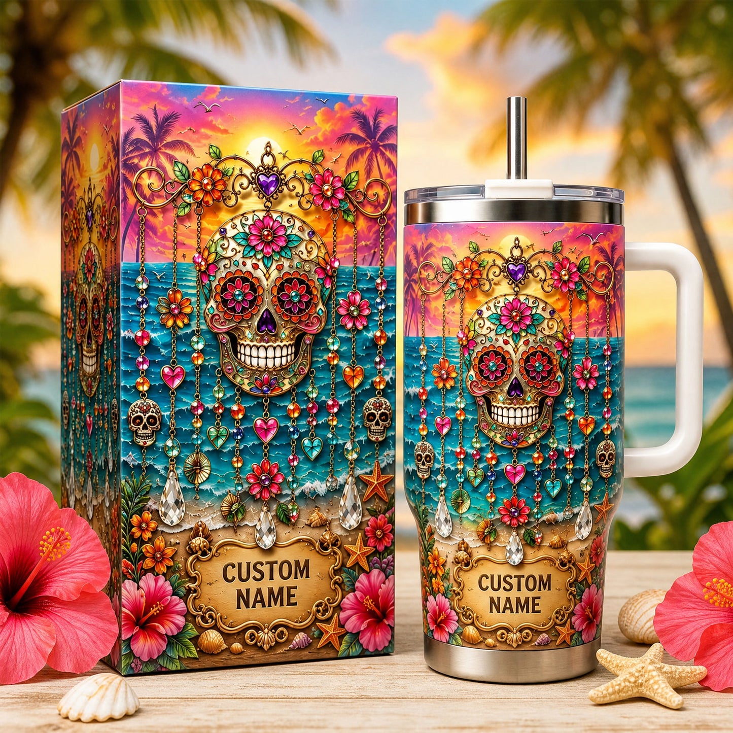 Personalized Sugar Skull Beach Tumbler With Name