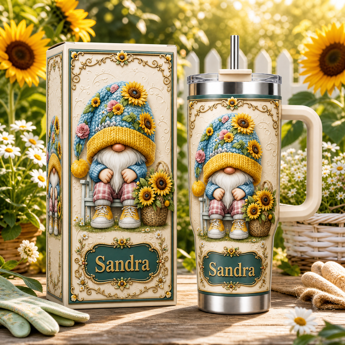 Personalized Sunflower Gnome Tumbler – Custom Name Gift Cup