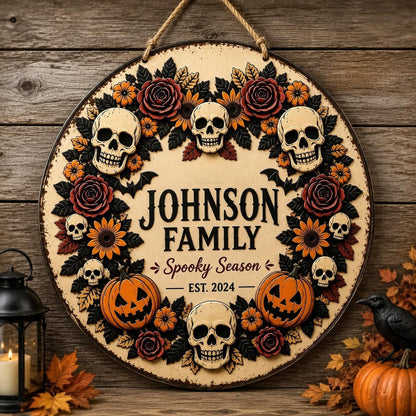Personalized Halloween Metal Sign,Skull Pumpkin Fall Wreath Sign