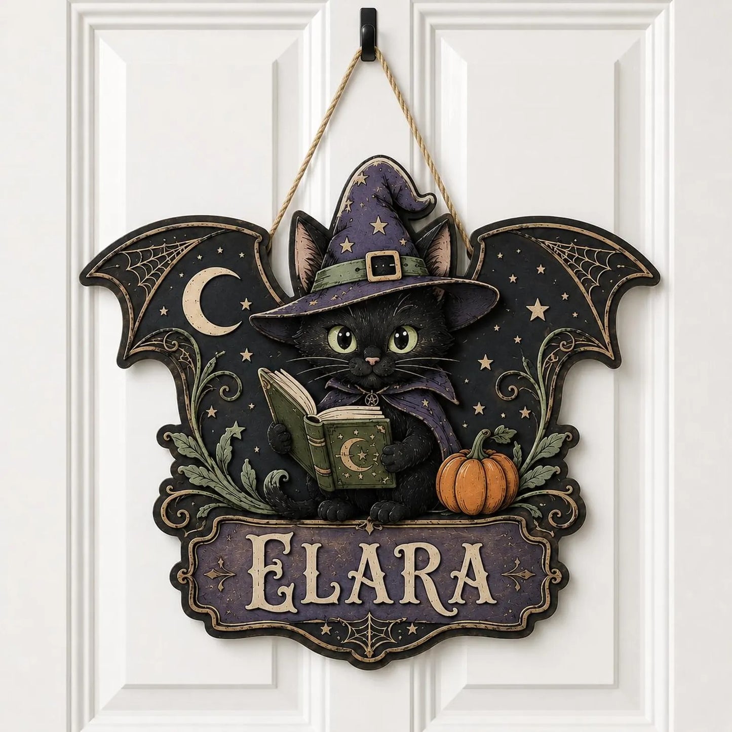 Custom Witch Cat Halloween Door Hanger with Name
