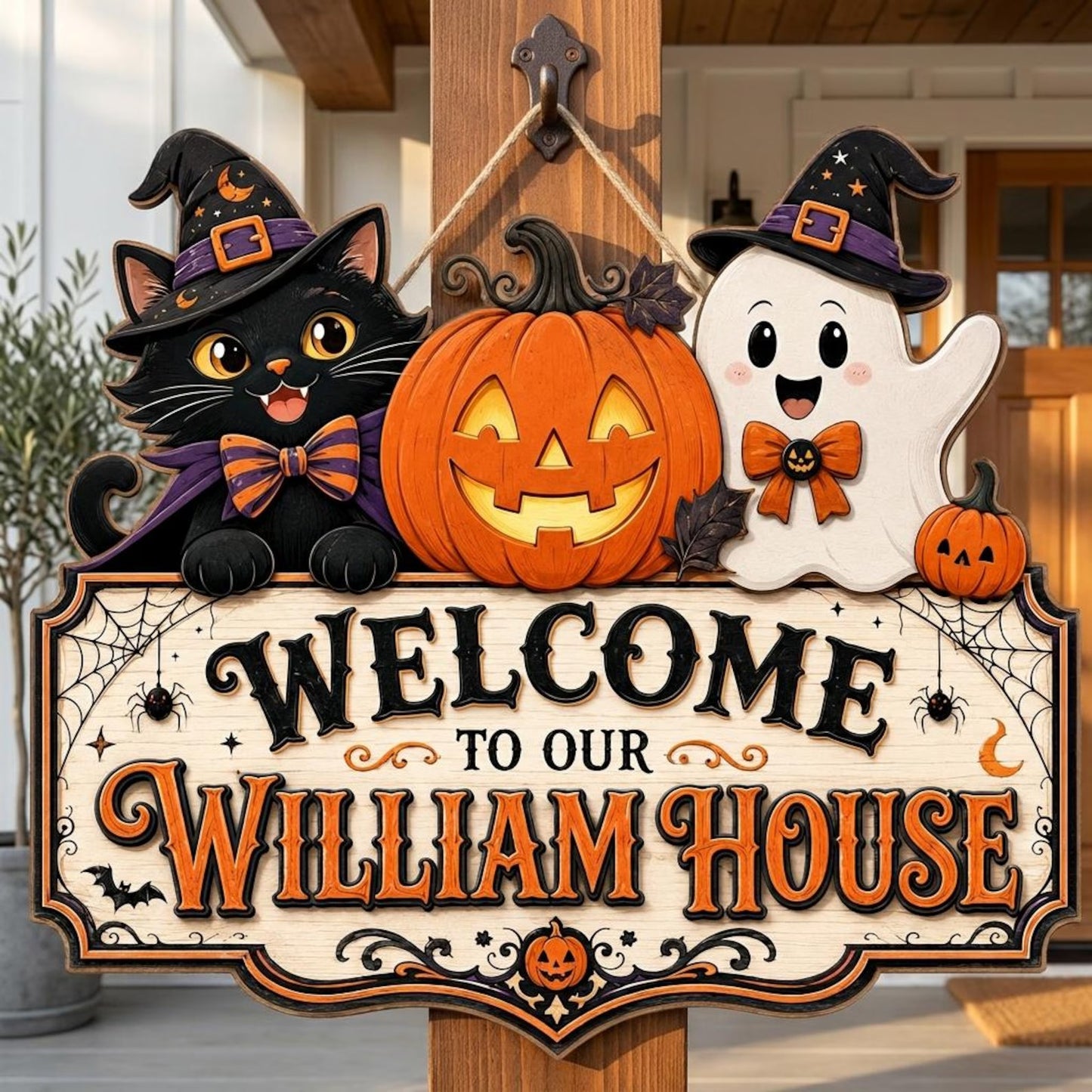 Personalized Halloween Welcome Wood Sign with Cat and Ghost