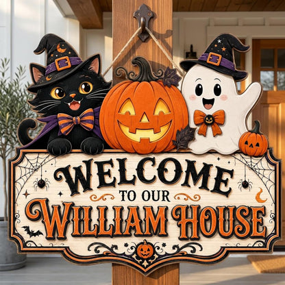 Personalized Halloween Welcome Wood Sign with Cat and Ghost