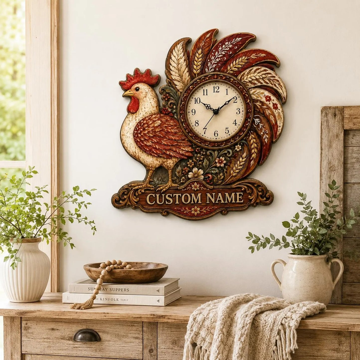 Personalized Rooster Wall Clock Rustic Farmhouse Chicken Decor